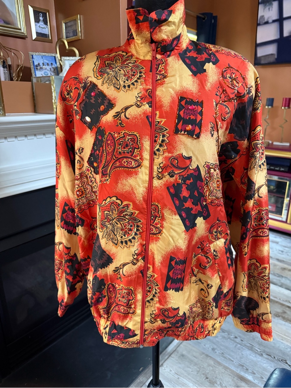 Vintage Oleg Cassini Vibrant Orange & Gold Paisley Bomber with gems